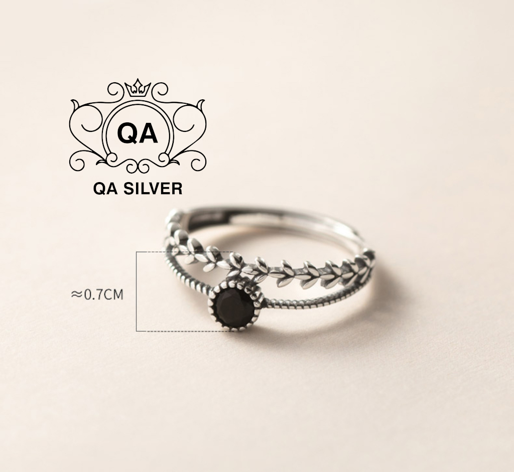 Nhẫn bạc 925 hai tầng mặt đá đen tròn lá nữ S925 LAYER QA SILVER Ring RI230503