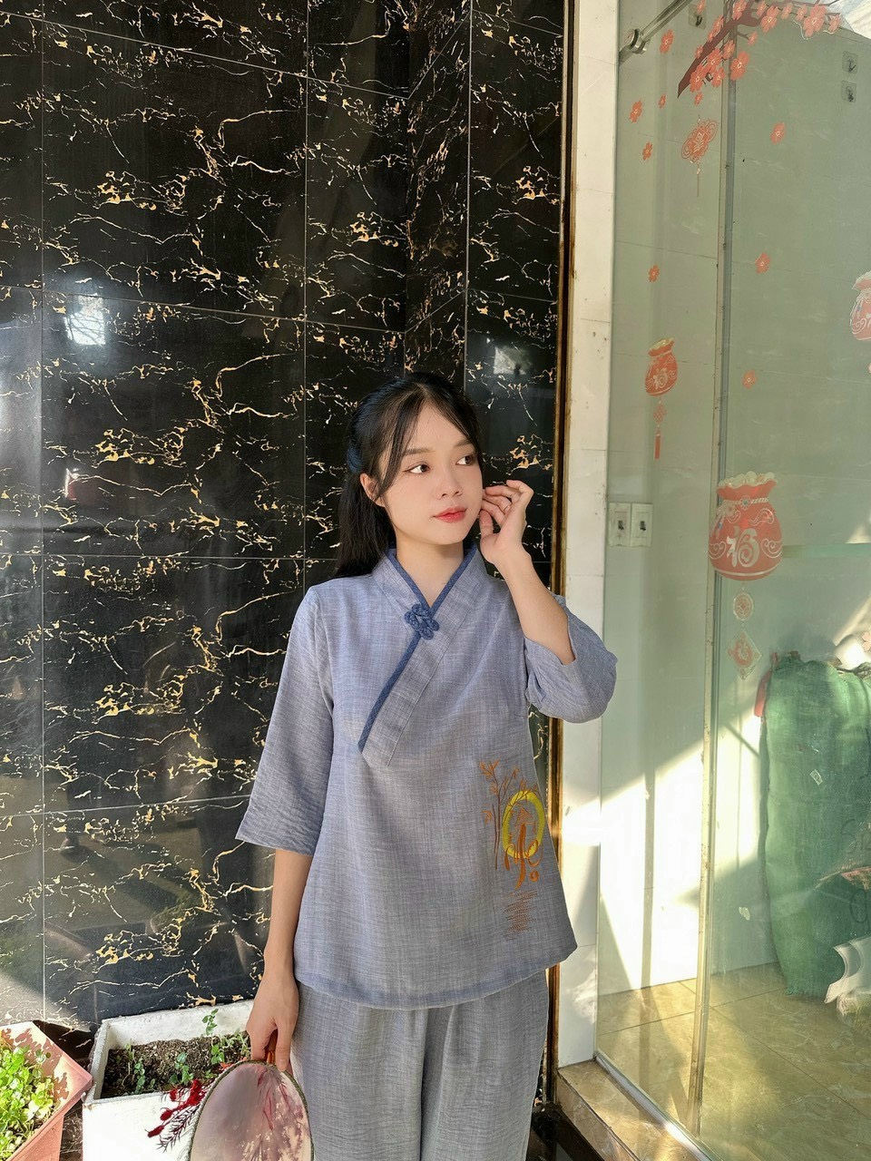 Đồ lam đi chùa # bà lai sen lụa đông hưng# quần áo nữ