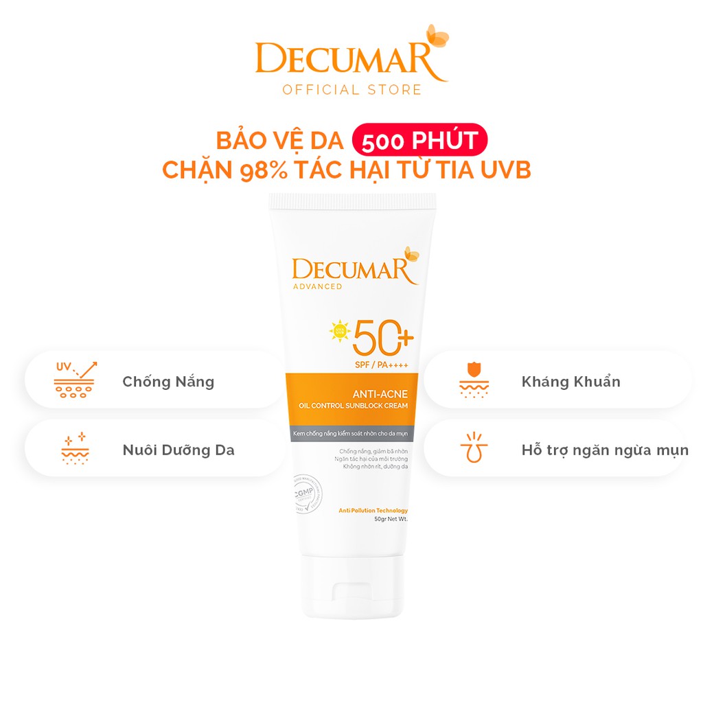 Kem chống nắng Decumar Advanced Sunblock 50g kiểm soát nhờn cho da mụn