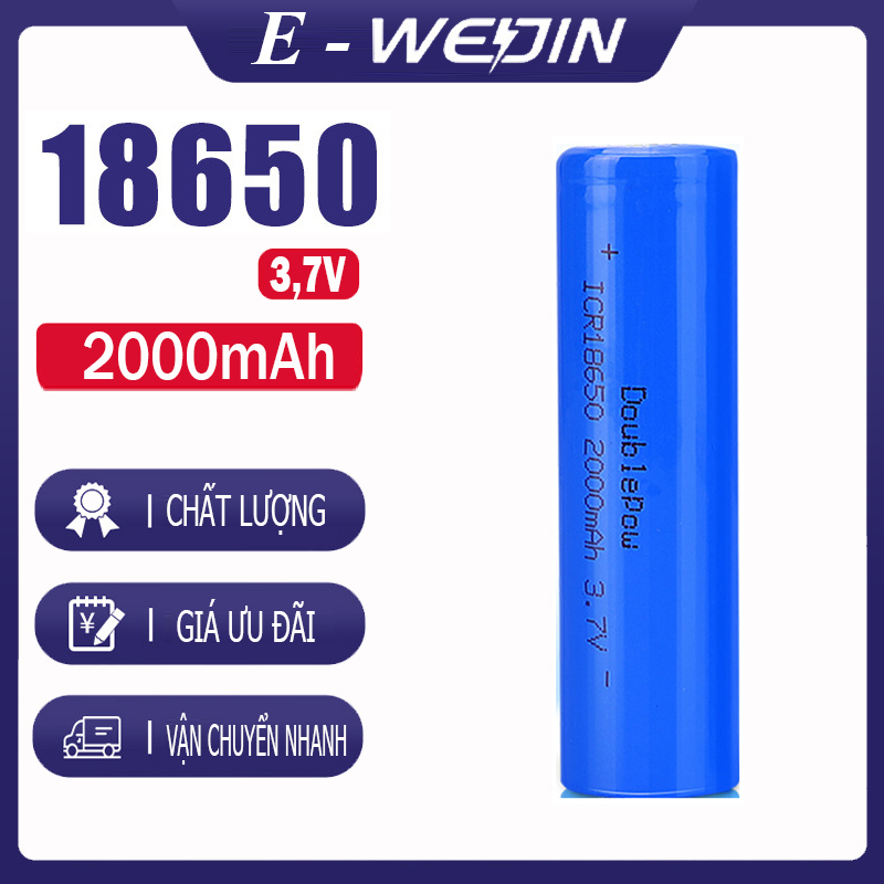 Pin 18650 Lithium sạc lại - 2000mAh đầu bằng Doublepow, pin dung lượng thực