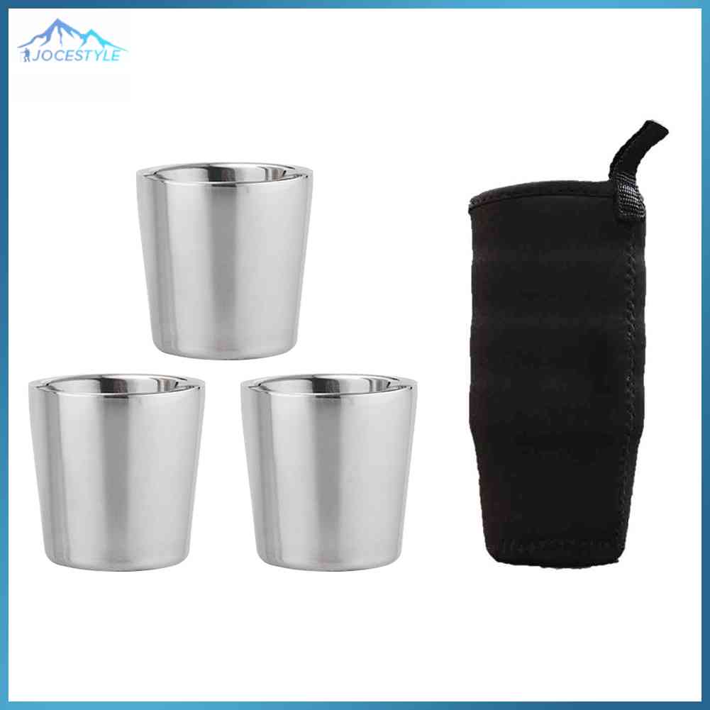 3x Portable Mug Double Layer Stainless Steel Camping Picnic Coffee Tea Cup