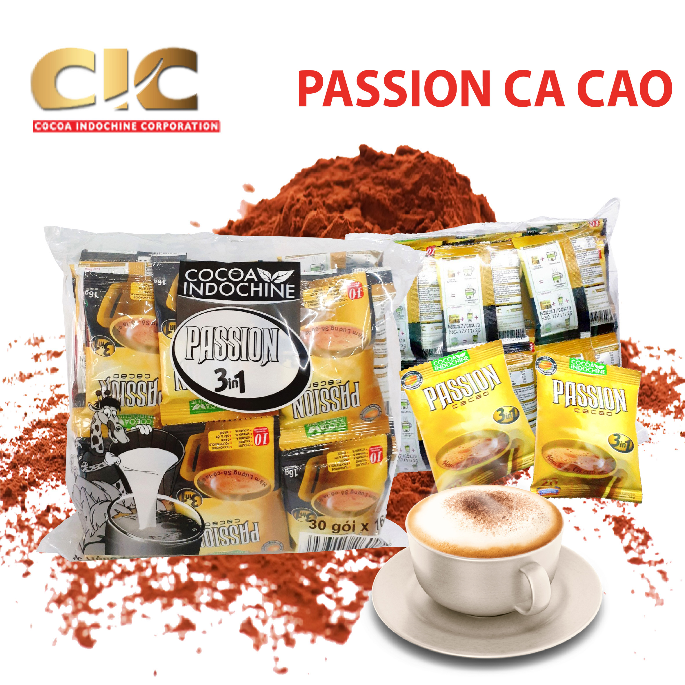 Bột Ca cao sữa hoà tan Passion 3 in 1 Cocoa Indochine tặng kẹo toosie