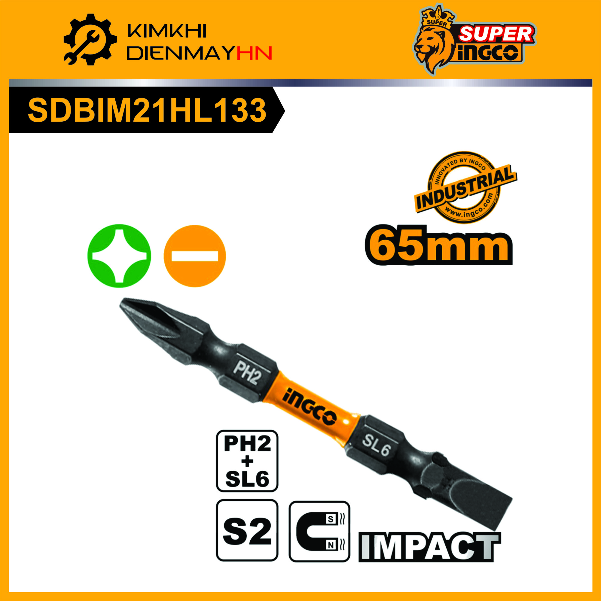 Mũi bắt vít hai đầu PH2+SL6x65mm INGCO SDBIM21HL133 (có nam châm hít)