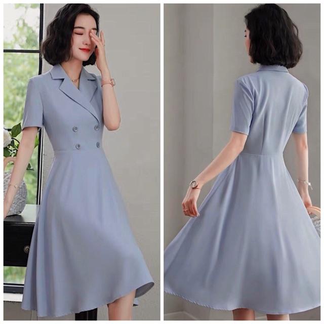 Đầm xanh đậm 4 nút (kèm hình thật)