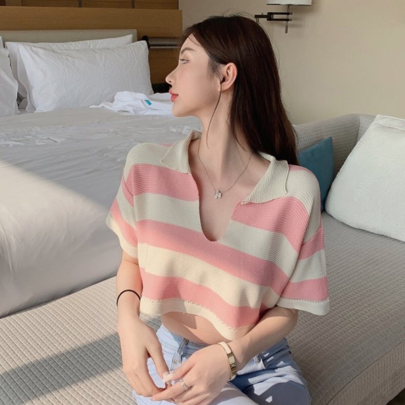 Áo Croptop Len Kẻ Dáng Rộng Hàng QC (VIDEO, ẢNH THẬT)