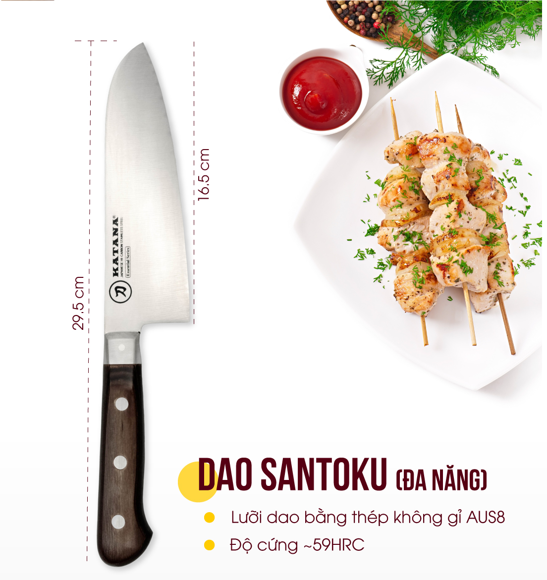 Dao thái đa năng KATANA Santoku - Dao bếp cao cấp thương hiệu KATANA - KATA201 (16,5mm) - Cán gỗ Pakka - Thép chống gỉ cao cấp Nhật Bản - Bảo hành 02 năm
