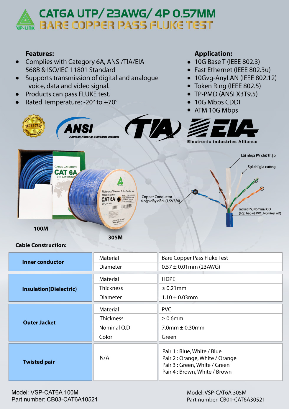 Cuộn 100m Cáp Mạng VSP CAT6A UTP