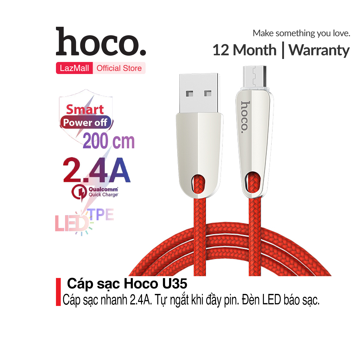Cáp sạc Micro USB Hoco U35 sạc nhanh tự ngắt sạc khi đầy pin sạc nhanh 2.4A Max dài 200cm chống chai pin