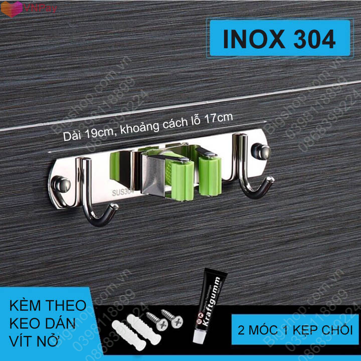Móc kẹp giữ chổi đa năng bằng inox 304, dùng keo dán hoặc vít