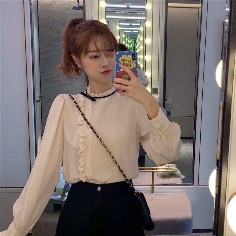 Áo Kiểu Sơ Mi Học Sinh Tay Dài Cổ Trụ Phối Bèo Đáng Yêu TTSA0760