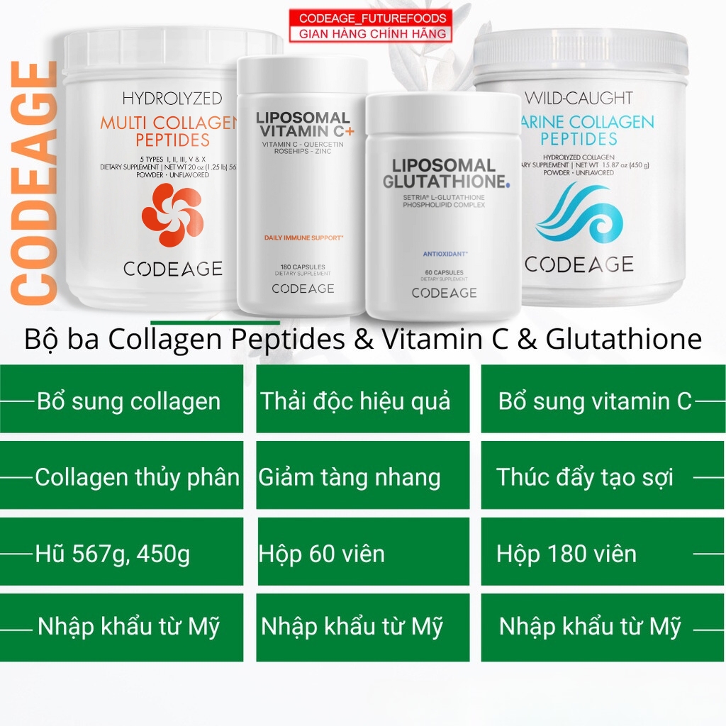 Combo Sáng Da, Chống Lão Hóa Và Chống Nắng Codeage Collagen Peptides + Codeage Liposomal Vitamin C