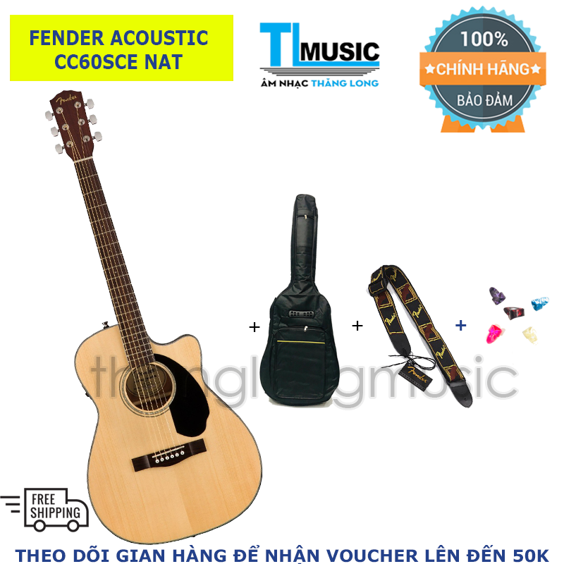 Đàn Guitar Acoustic Fender CC-60SCE (CC60SCE NAT) - Tặng bao 3 lớp + 5 móng gảy + Dây đeo Fender