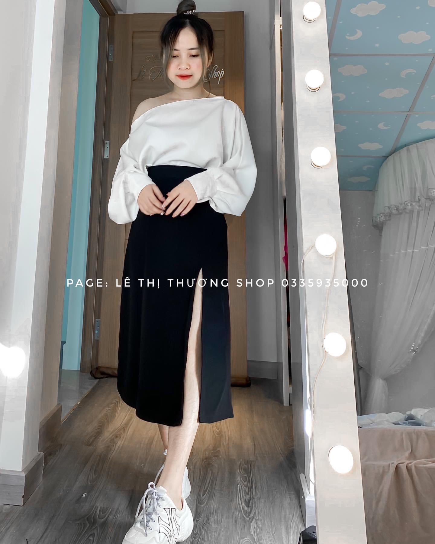 Set váy xẻ tà + áo lệch vai tay bồng