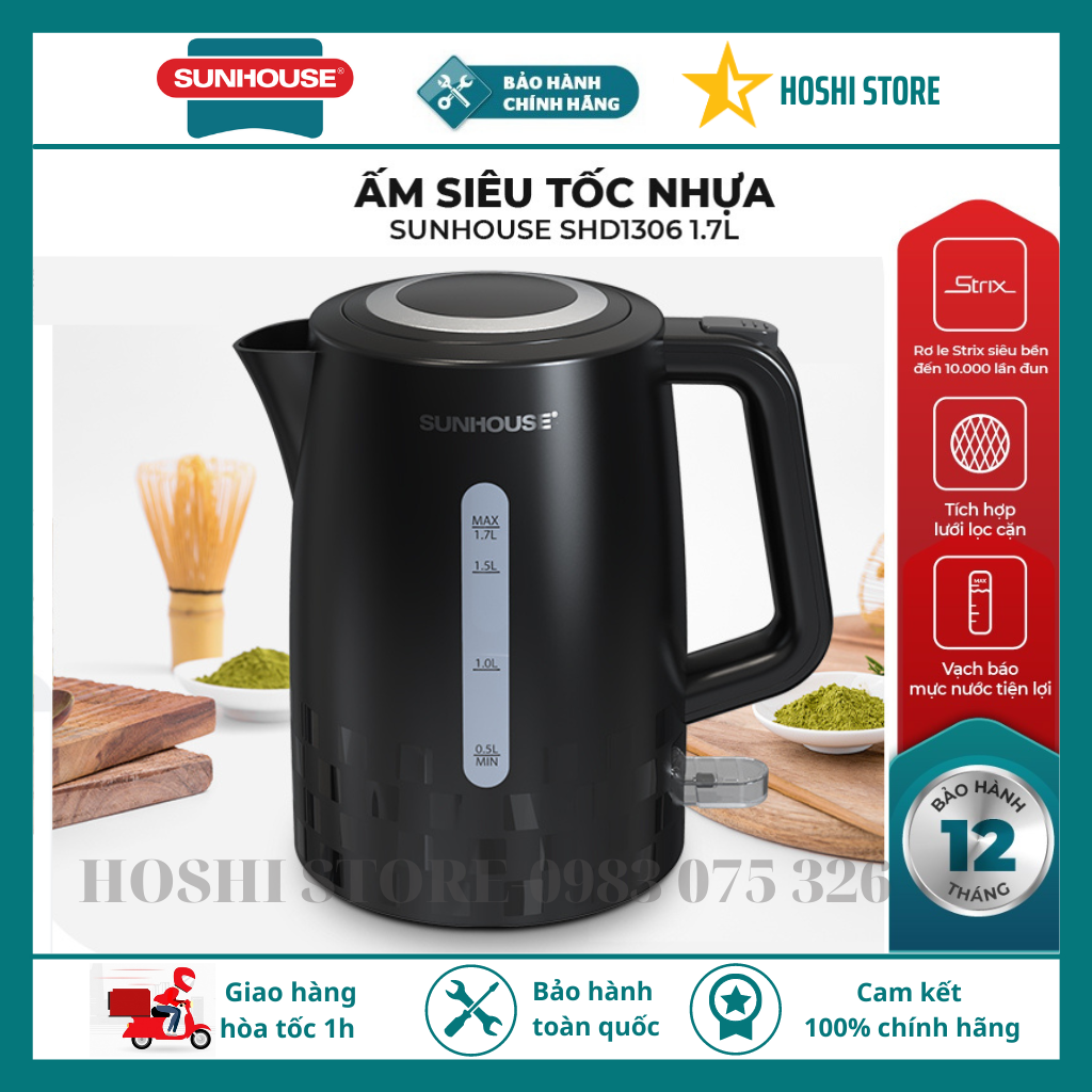 Ấm siêu tốc - bình siêu tốc nhựa cao cấp 1.7L SUNHOUSE SHD1306, bảo hành toàn quốc 12 tháng
