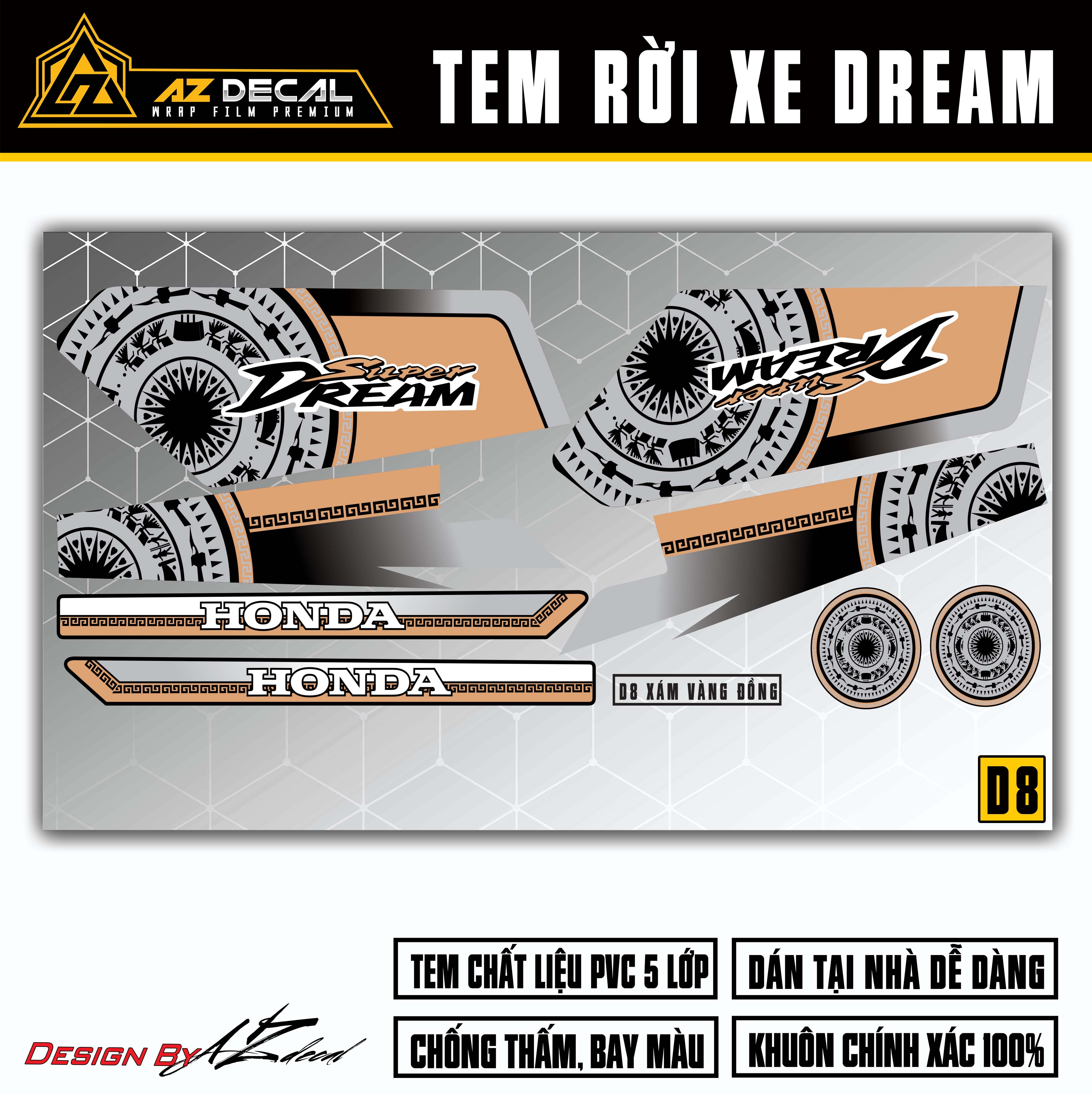 Tem Chế Dán Xe Dream Mẫu Hoa Văn Trống Đồng | D8 | Tem Rời PVC Cao Cấp Chống Nước, Bền Màu Dành Cho Xe Dream Thái Và Việt - Azdecal