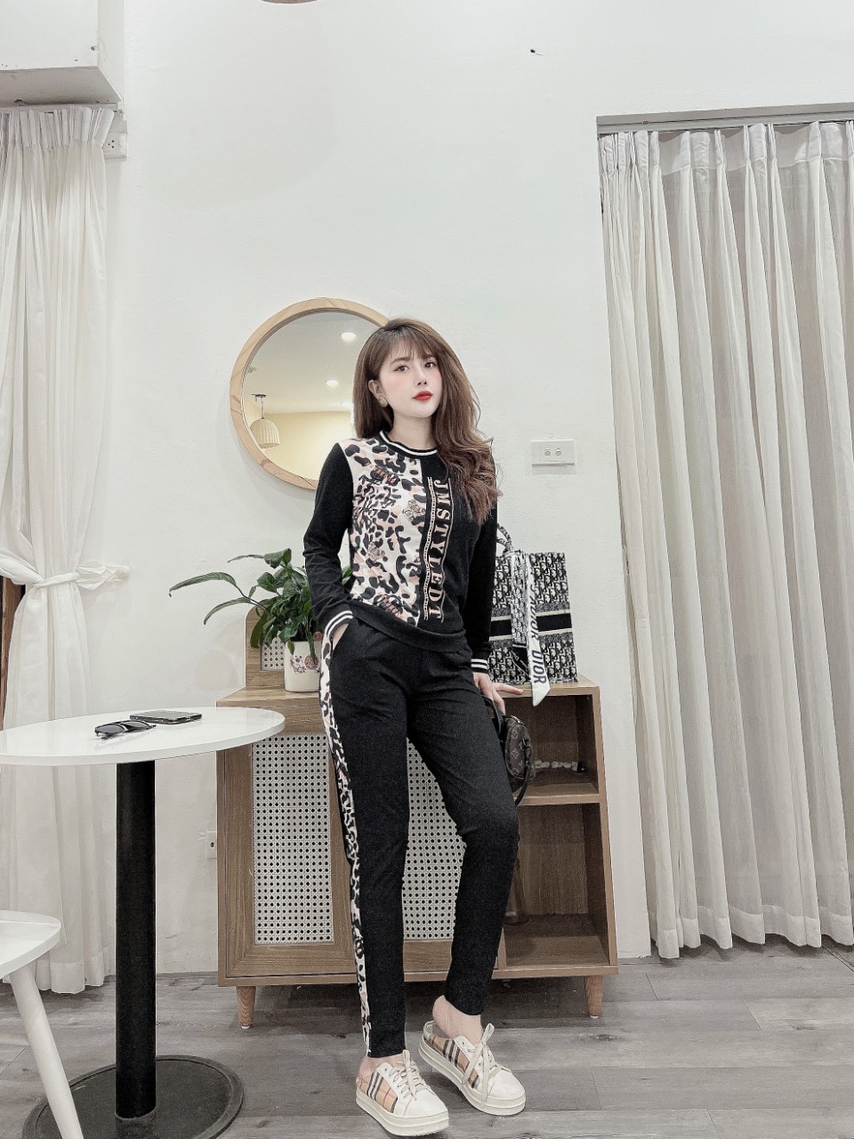 Đồ bộ thun cotton tay dài phối da beo