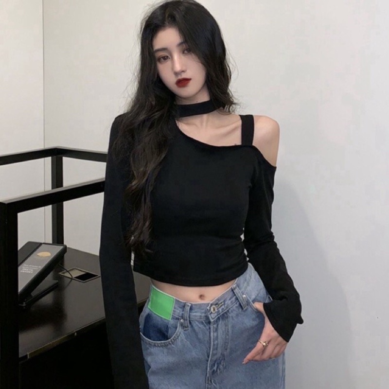 Áo thun nữ tay dài croptop trễ một bên vai phong cách cá tính