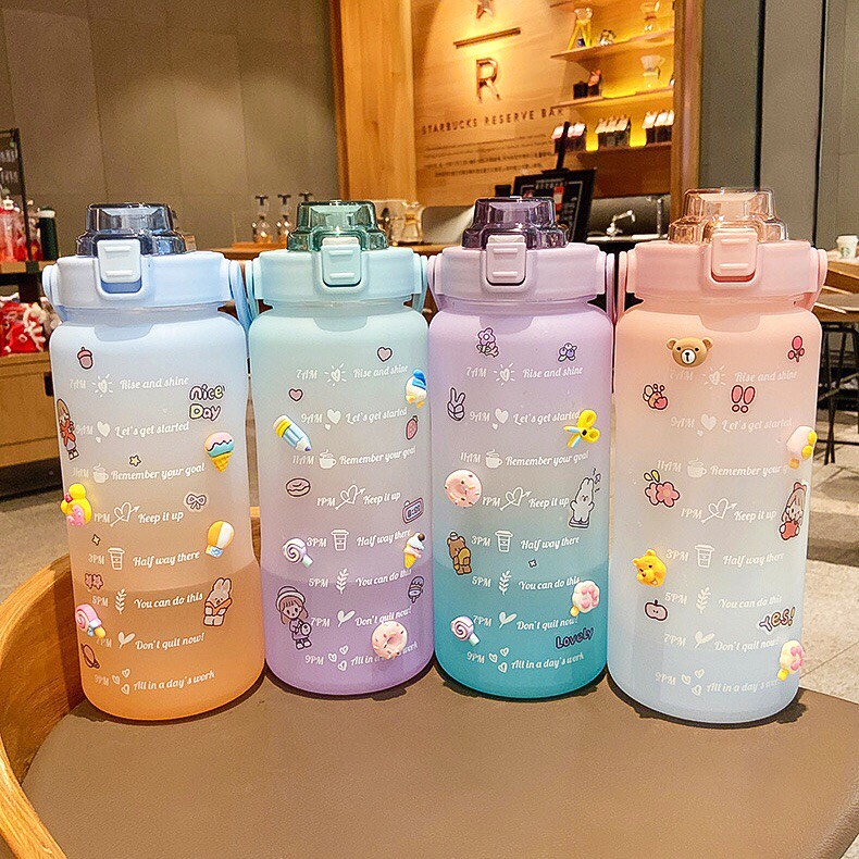 Bình Đựng Nước Cao Cấp 2L Siêu Dễ Thương Có Vạch Báo Giờ Uống Nước, Có Quai Chắc Chắn, Bền Đẹp
