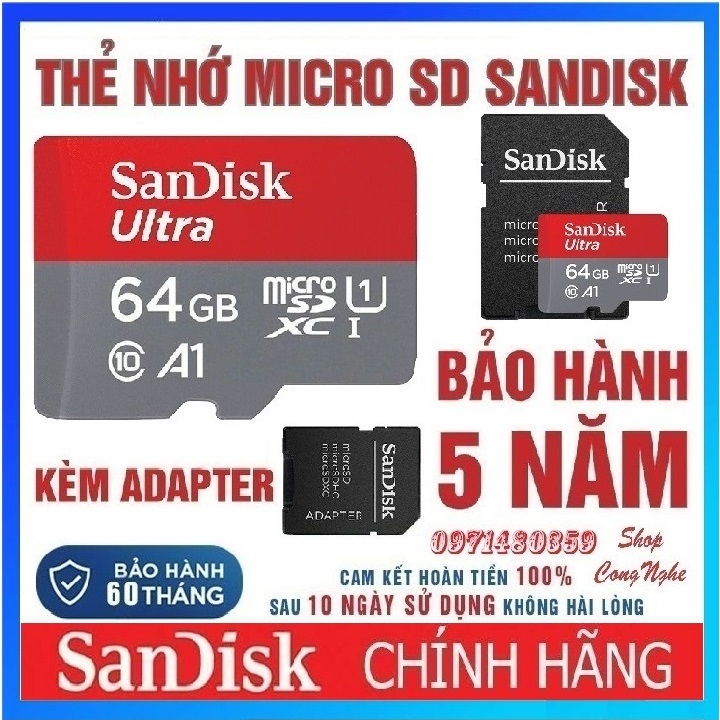 Thẻ nhớ SANDISK Micro SD 64G Class10 BH 5 năm 1 đổi 1