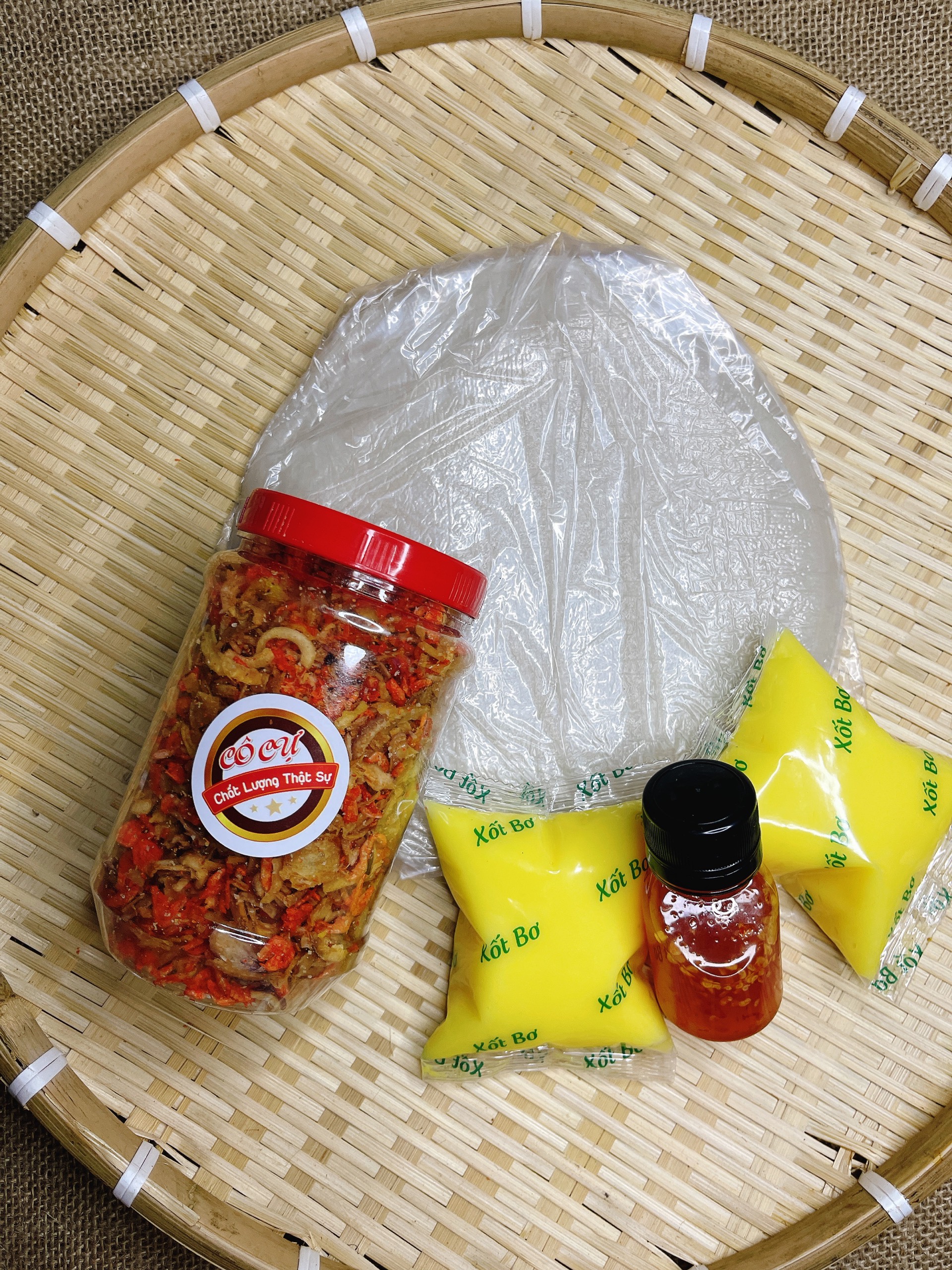 COMBO Bánh tráng phơi sương 250gr, muối ruốc hành phi 200gr+50ml sốt tắc+ bơ béo thơm ngon