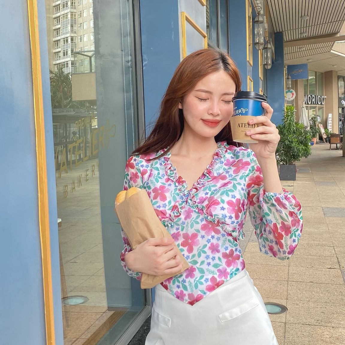 Áo Kiểu Tay Phồng Phối Bèo Nền Hoa EDINI - A1432