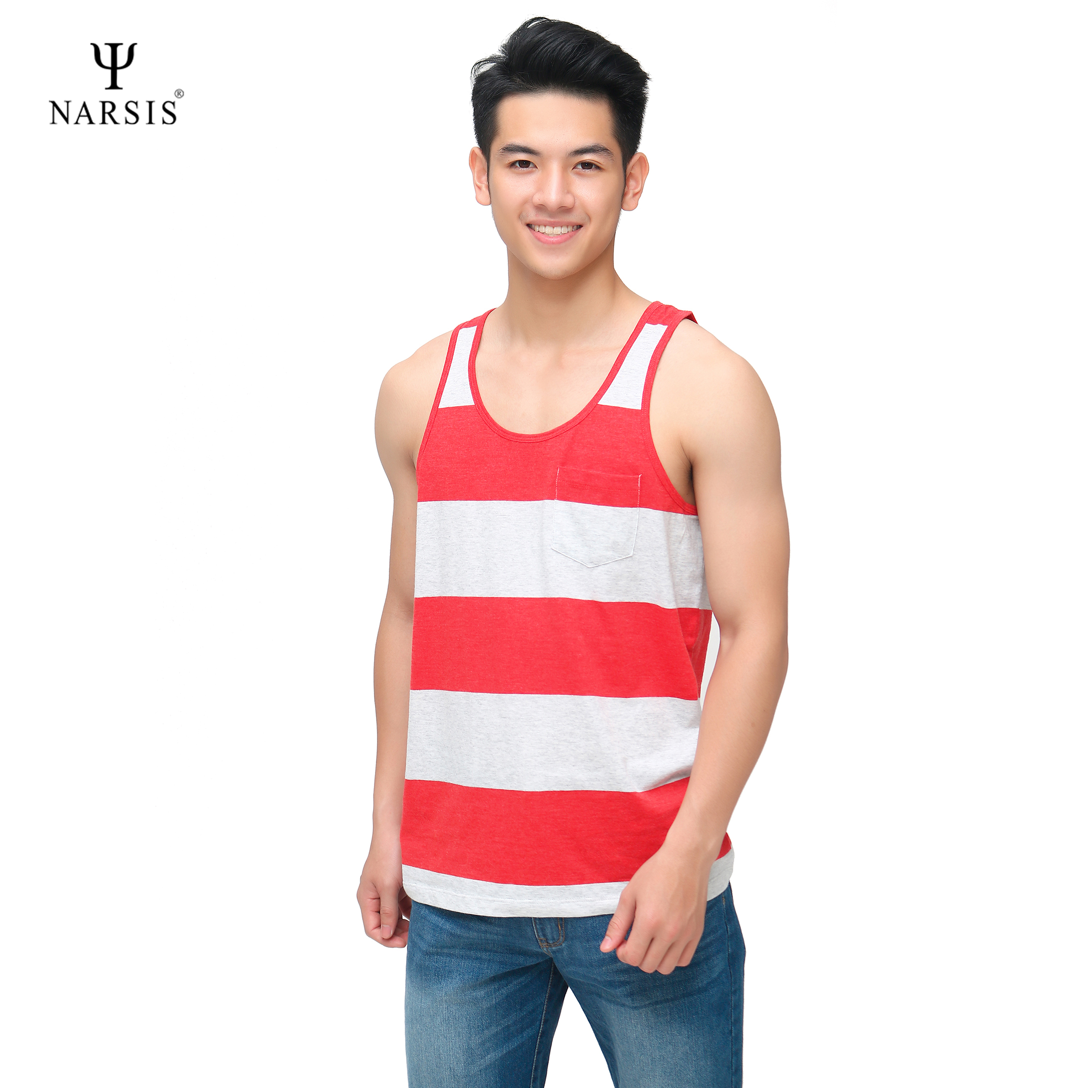 Áo thun nam NARSIS D8055A kẻ đỏ viền đỏ