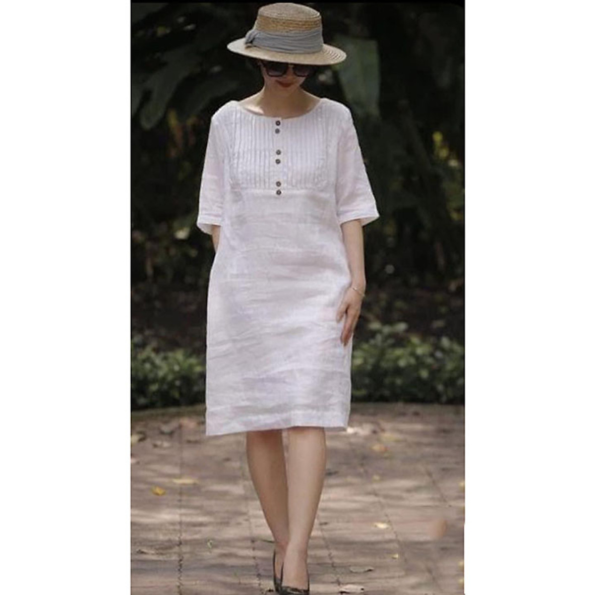 Đầm suông Linen tay lỡ cổ tròn xếp ly ngực SLINEN, vải Linen nhập Hàn sang trọng - Trắng