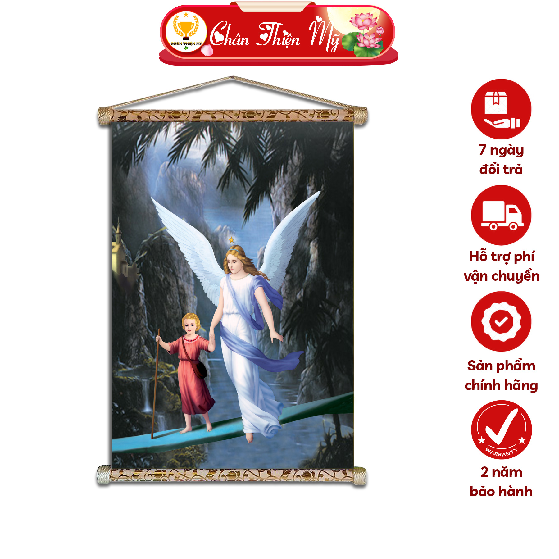 Tranh công giáo treo tường đức mẹ maria chân thiện mỹ, chất liệu vải lụa kim sa khung gỗ 40x60cm maria-12
