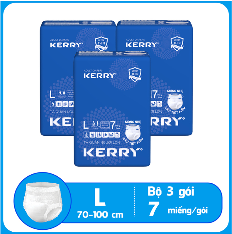 Bộ 3 tã quần người lớn KERRY Mỏng nhẹ Size M8, L7 cao cấp