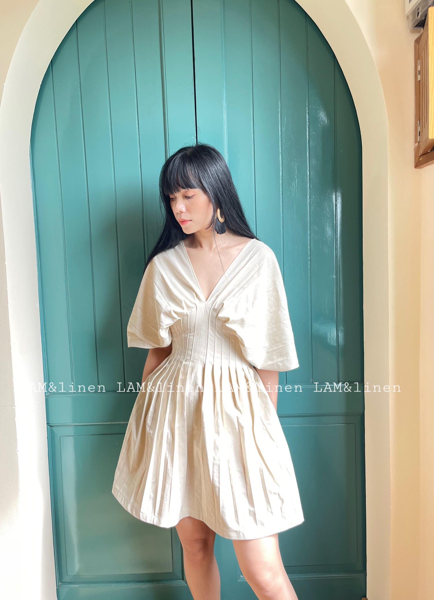 Đầm xoè xếp ly eo vải Linen