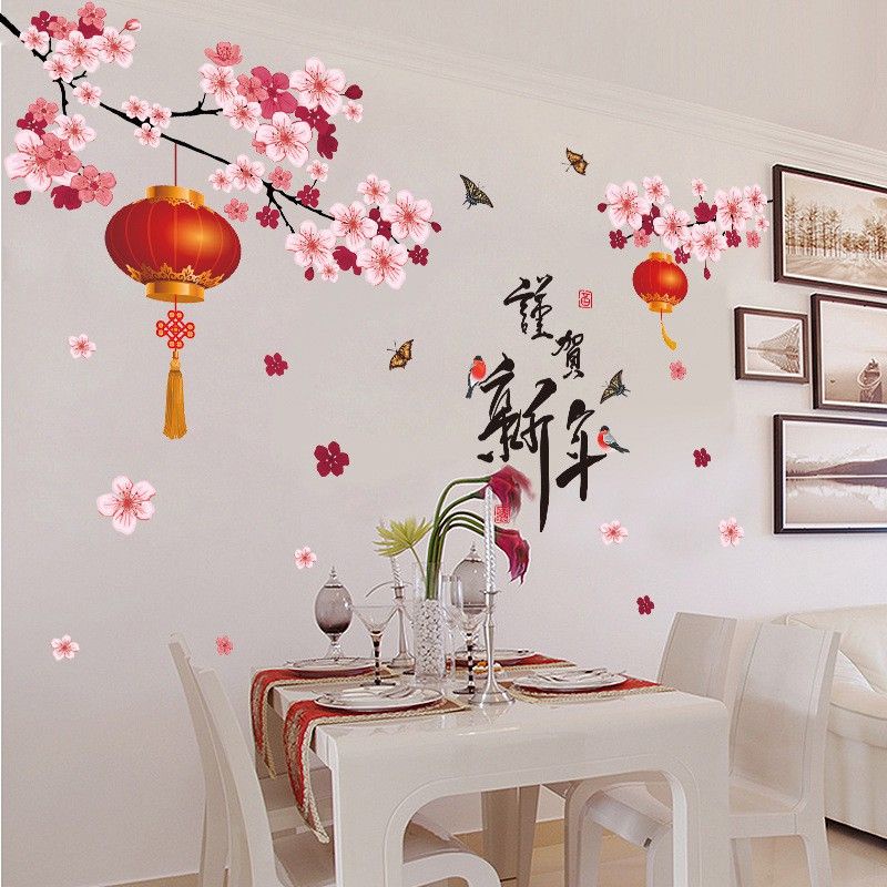 Decal dán tường, dán kính cành đào và đèn lồng