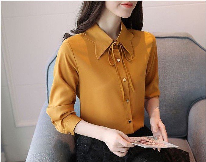 ÁO KIỂU SƠ MI TAY DÀI CỘT NƠ CỔ SIÊU XINH  (KÈM QUÀ TẶNG)