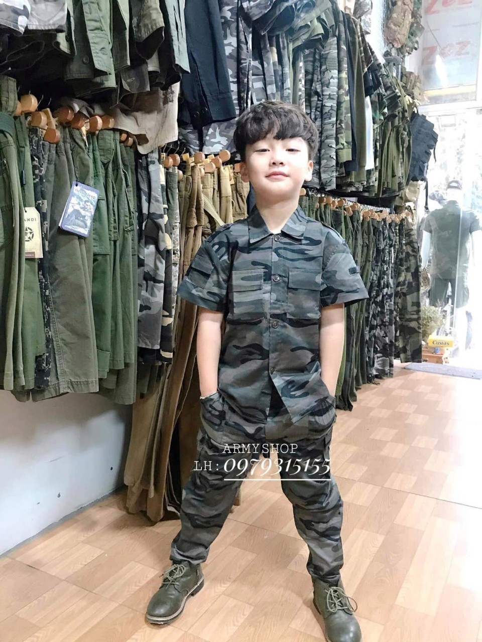 Bộ quần áo lính rằn ri ghi tím trẻ em