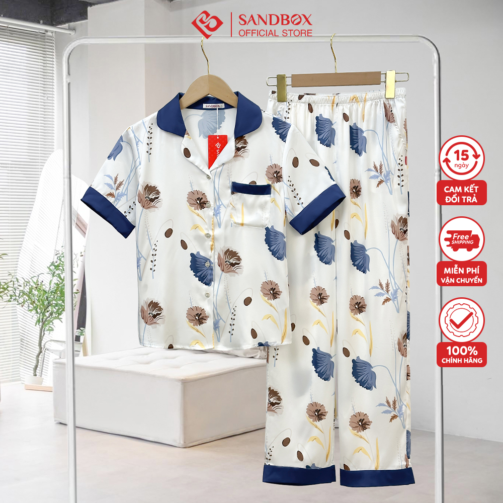 Bộ Pijama Nữ SANDBOX Tay Ngắn, Quần Dài Chất Lụa Nhật Cao Cấp Mềm Mịn, Họa Tiết Thiết Kế Phối Màu - BPC22001