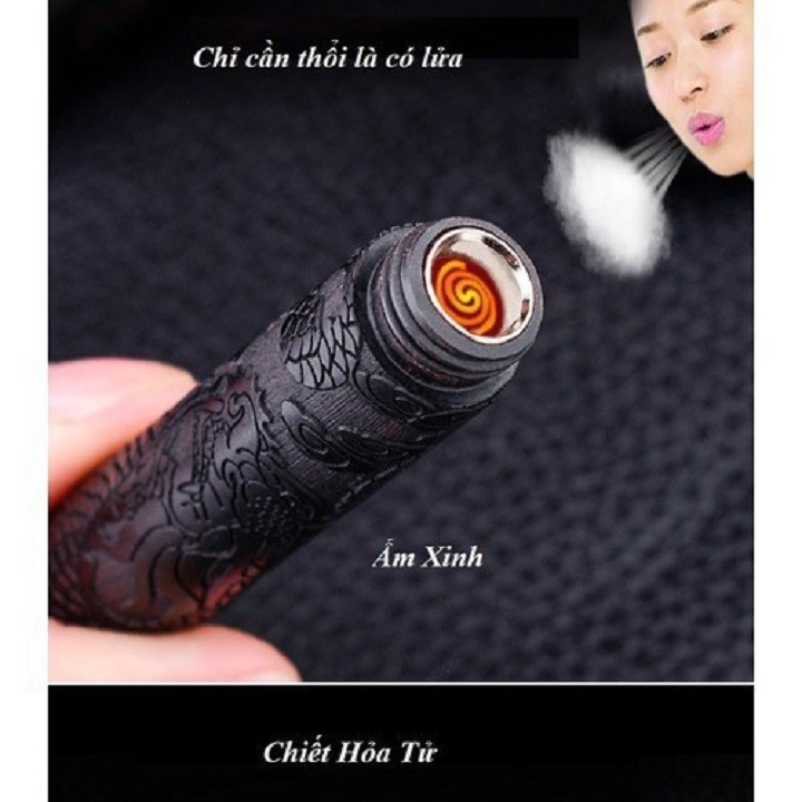 [HCM]Bật Lửa Điện Sạc Chiết Hỏa Tử Gỗ Có Hộp Thổi Là Có Lửa