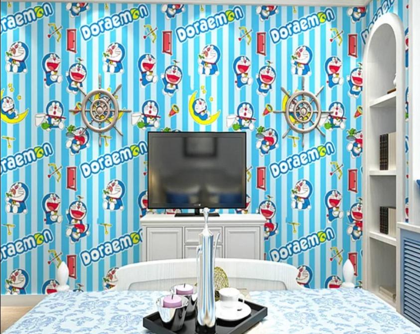 Cuộn 5m decal giấy dán tường DOREMON Sọc Xanh khổ 45cm keo sẵn dán 2.25 mét vuông