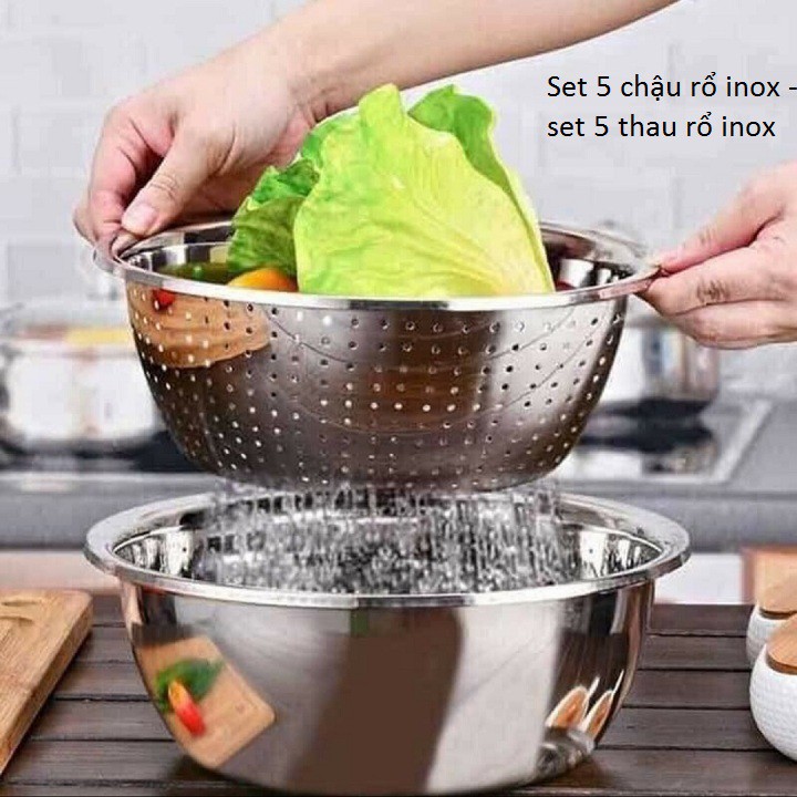 Set 5 Món 4 Chậu Và 1 Rổ Inox