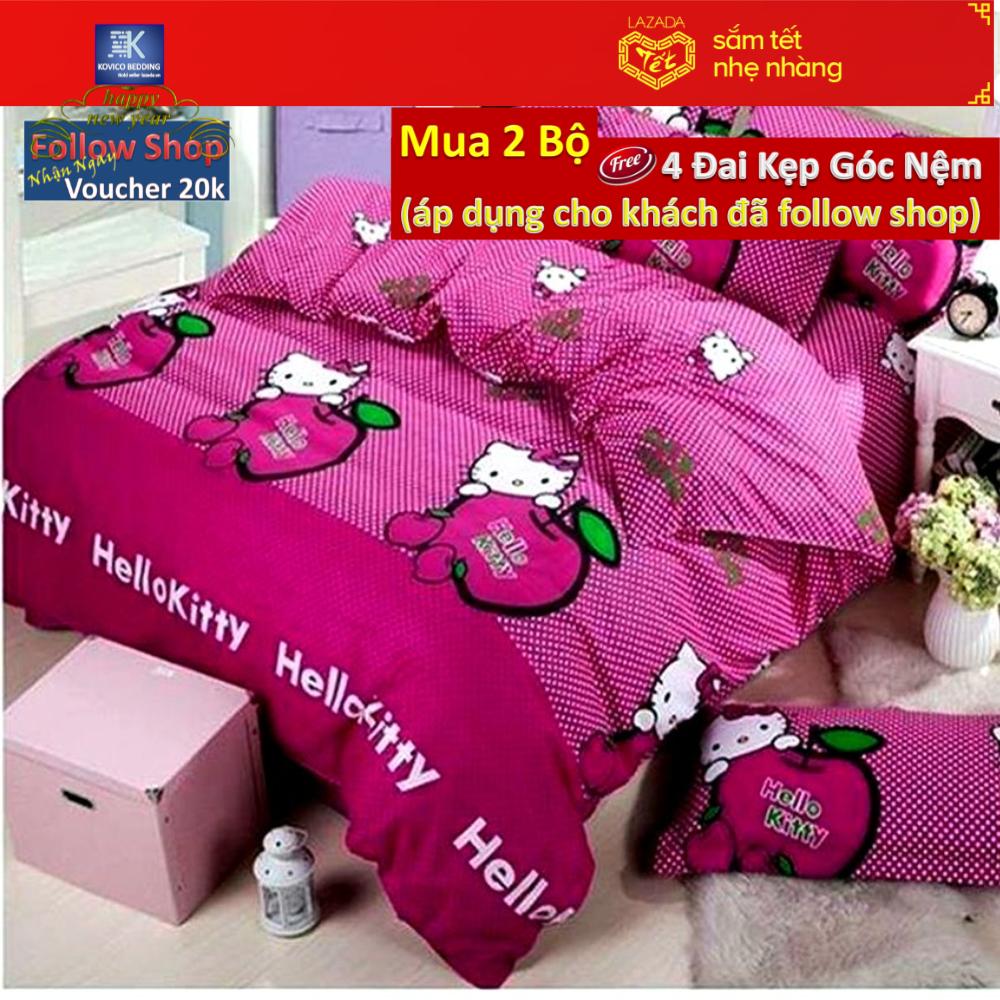 (FreeShip MAX) Bộ chăn ga gối bọc  kitty Táo Hồng
