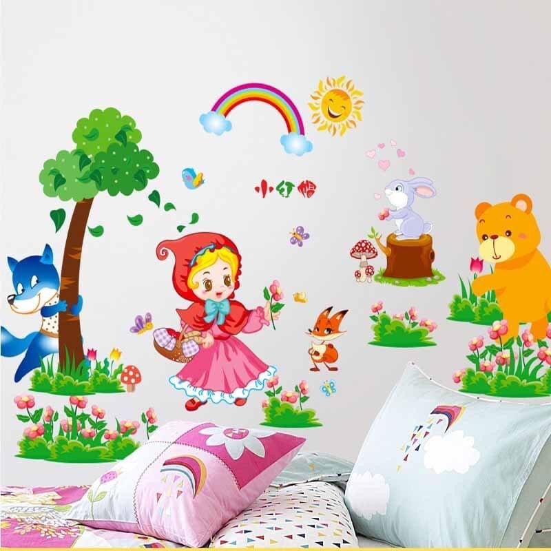 Decal dán tường, tranh dán tường cô bé quàng khăn đỏ và thỏ ngồi gốc cây