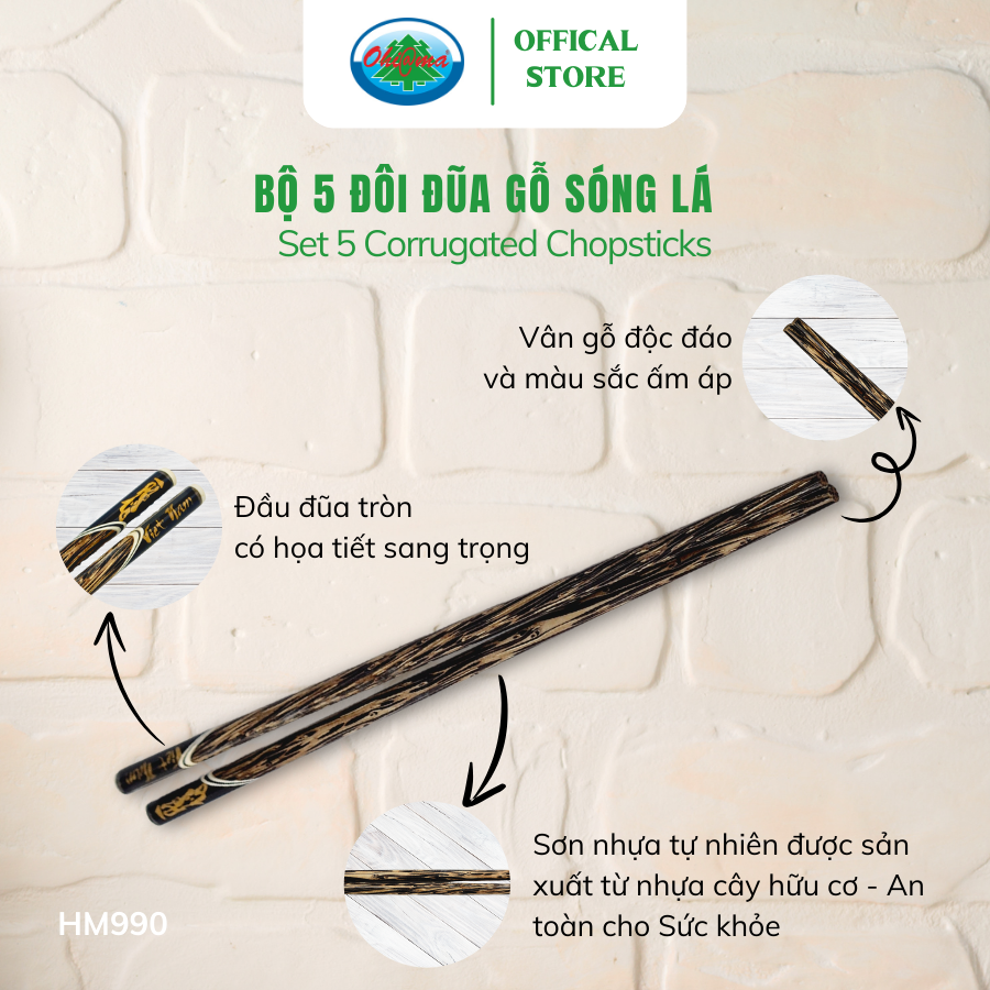 Bộ 5 Đôi Đũa Gỗ Sóng Lá Ohiama Corrugated Chopsticks HM990, Đồ Dùng Bàn Ăn, Đồ Thủ Công Mỹ Nghệ VNXK