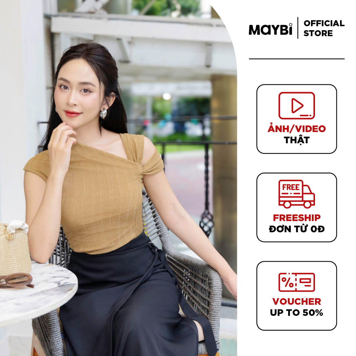Áo thun Maybi ôm sọc vai lệch kiểu