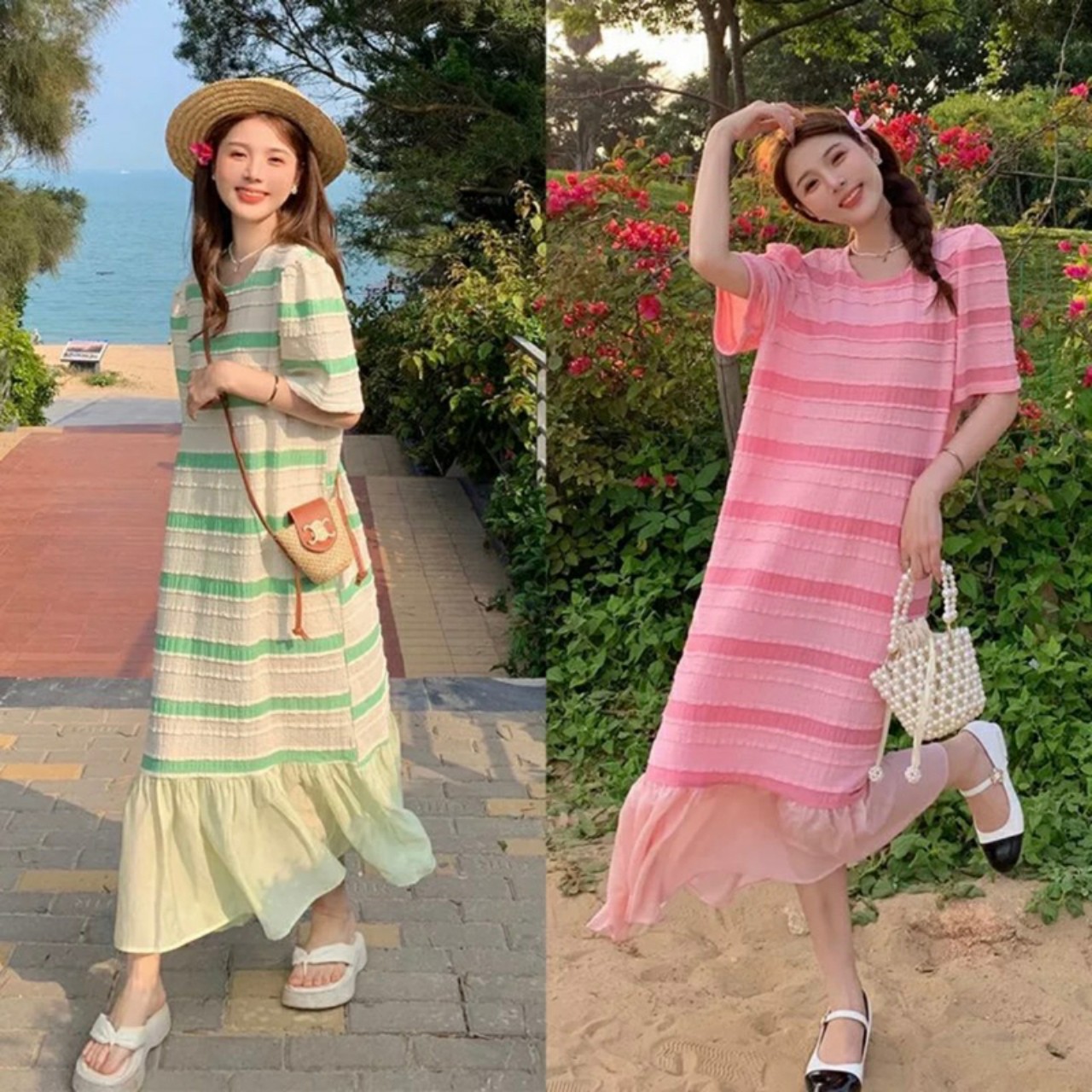 Váy nữ suông kẻ đuôi cá, đầm suông bầu bí kẻ phom rộng xinh xắn