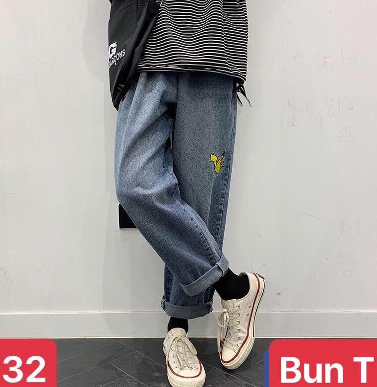 QUẦN BAGGY JEAN NAM CHẤT BÒ XANH THÊU PIKASU ỐNG SUÔNG RỘNG DÀI HOT TREND MÙA HÈ HÀN QUỐC DB-32 - TRANG BUN FASHION