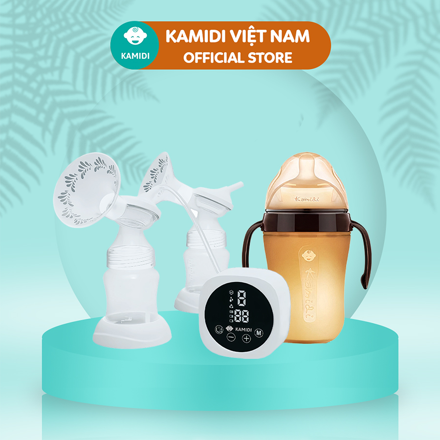 Combo máy hút sữa Kamidi Max và bình sữa silicone nâu an toàn, siêu mềm
