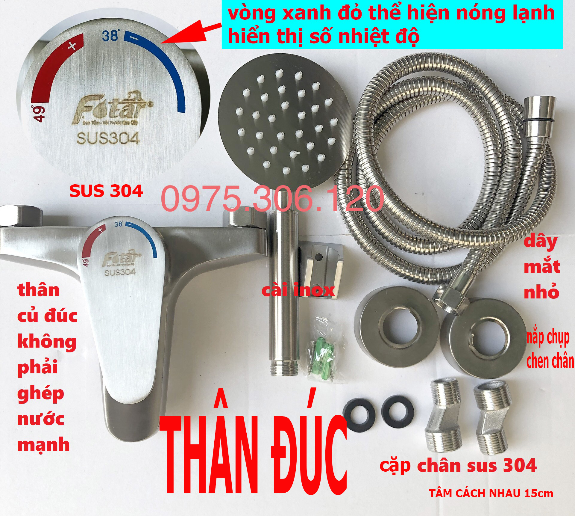 [LOẠI 1-THÂN ĐÚC] Bộ Củ Sen Tắm NÓNG LẠNH và Tay Sen và Dây Sen 100% INOX 304 N2002 Fotar Củ Sen Tròn inox 304 chống han rỉ