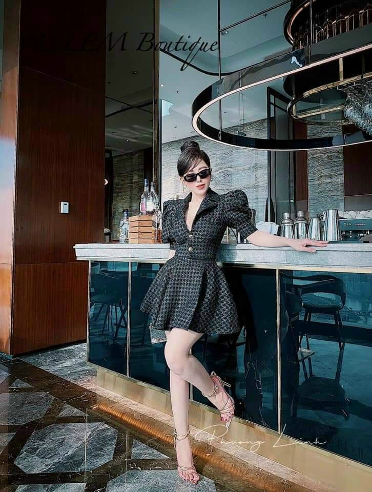 [HCM]Set váy rời chất gấm cao cấp áo tay phồng cổ bẻ cài nút chân váy #setvaygam