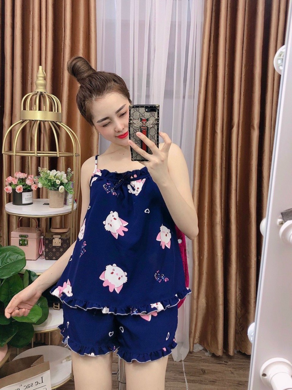 set bộ tiểu thư mặc nhà in hoạt hình chất lụa satin mát mẻ