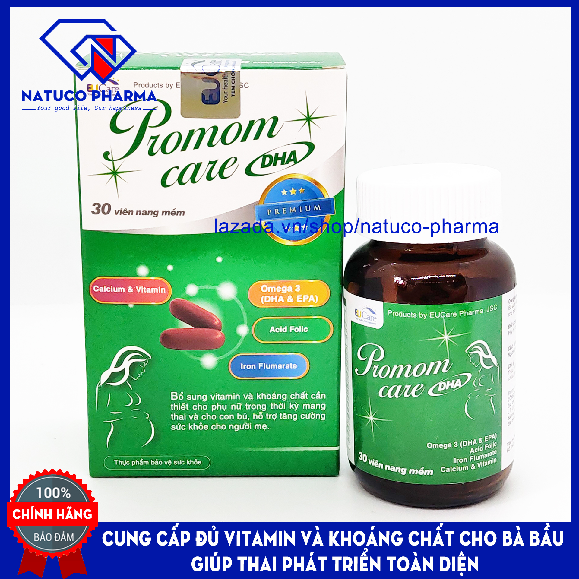Viên uống Vitamin tổng hợp Promom Care bổ sung Omega 3, DHA, EPA cho Bà bầu - Hộp 30 chuẩn GMP Bộ Y tế