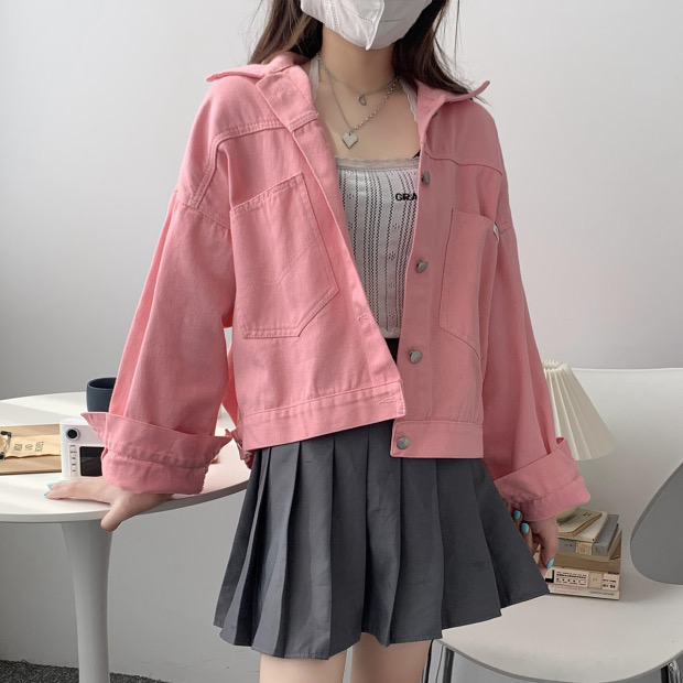 [HCM]ÁO KHOÁC JEANS NỮ CÁ TÍNH AK06 NN HỒNG TRÊN NGỰC FORM CROPTOP