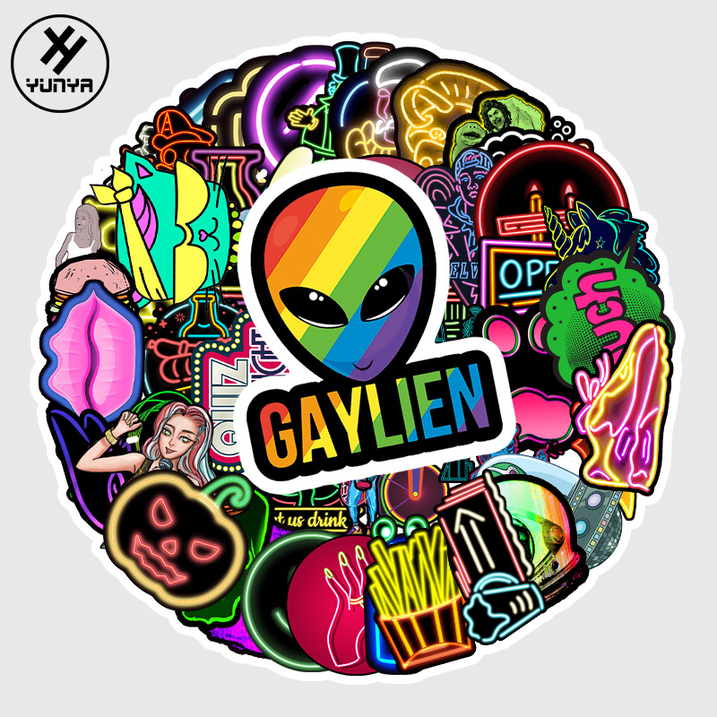 50 Pcs Cartoon Neon Light Waterproof Sticker Skateboarding Snowboard Retro Vinyl Sticker Graffiti Notebook Sticker